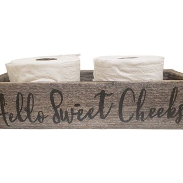 Rustic Wood Box for Toilet – Handpainted on Real Reclaimed Wood – Hello – Cursive, Black