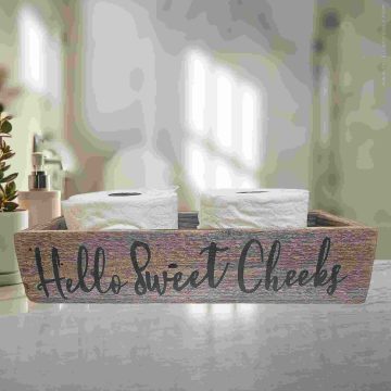 Rustic Wood Box for Toilet (Handpainted) – Hello – Cursive, Black