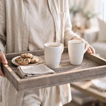 a woman holding an ottoman tray with 2 mugs of coffee and cookies