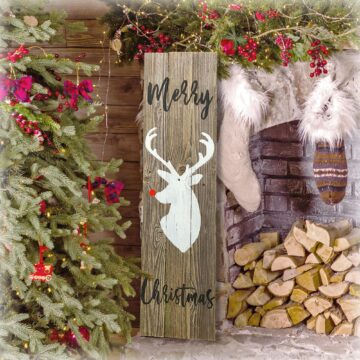 Reindeer Merry Christmas Rustic Wood Sign (Hand-painted)