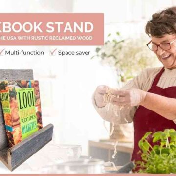 Cookbook Stand handmade in the USA with Rustic Reclaimed Wood – Weathered Barn Wood Farmhouse Style (Rustic, Whitewash)