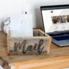 Reclaimed Wood Box for Mail Laser engraved box on top of table