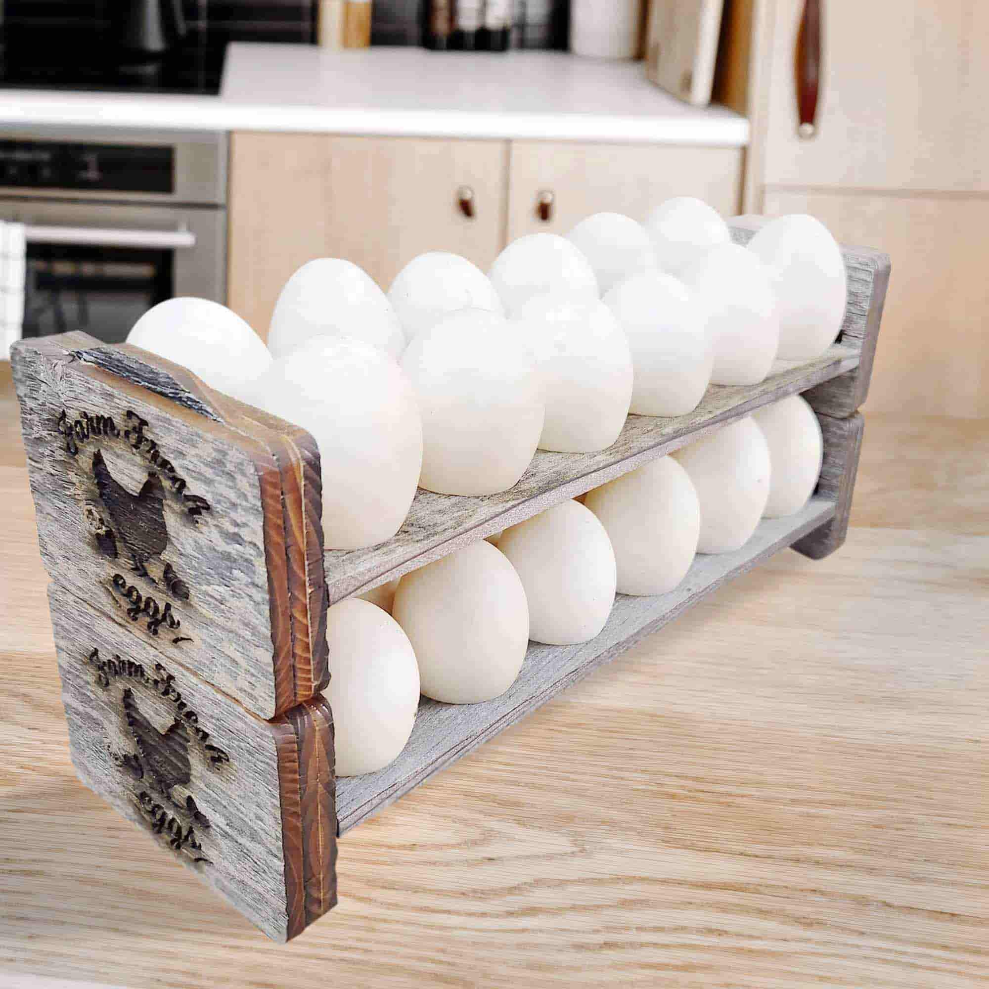 Rora's Roost Fresh Egg Holder Countertop Storage - Stackable Wooden Egg Holder for Various Egg Sizes - Egg Rack for Fresh Eggs w/Ergonomic Handles - Farmhouse