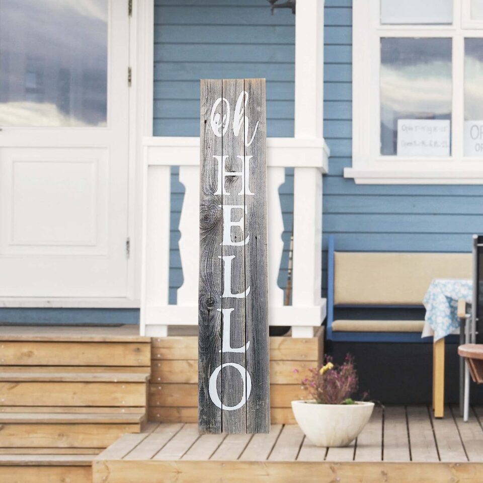 Sen Hello. Sign Oh Hello vertical sign – Hand painted (Grey/White) | Rockin' Wood