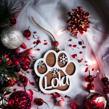 Custom Dog Paw Ornament made on reclaimed barn wood design