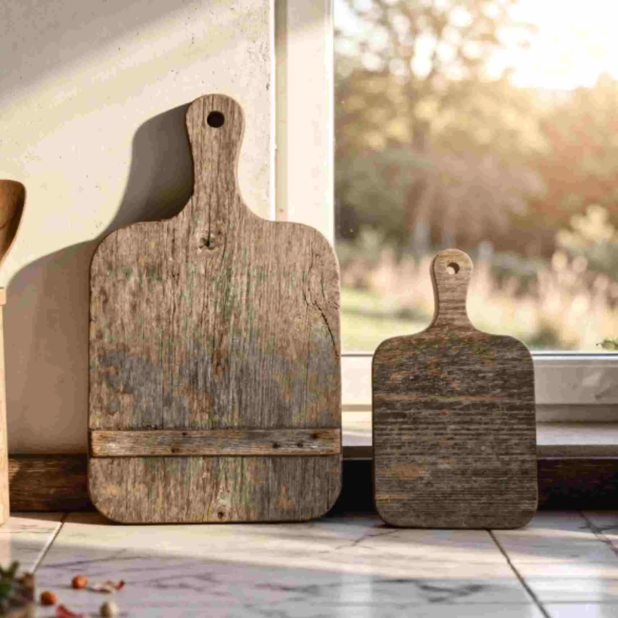 Blank cutting boards displayed in a kitchen window