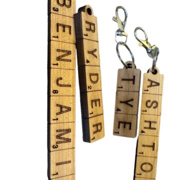 Customized Name Tile Engraved and Cut Keychain from Reclaimed Wood