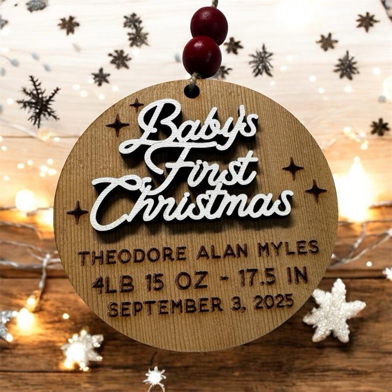 Customized Baby’s First Christmas Ornament Made from Reclaimed Barn Wood (Name, Birthday, Weight & Length)