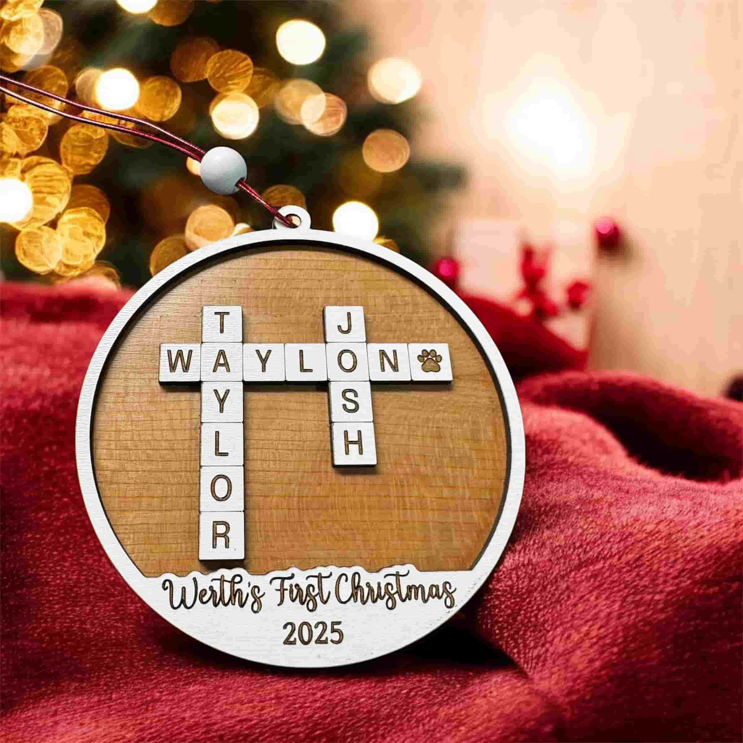 Customized Family Name Ornament with Crossword Design made from Reclaimed Wood