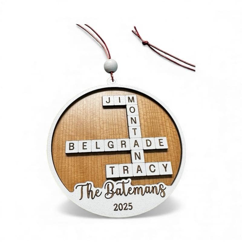 Customized Family Name Ornament with Crossword Design made from Reclaimed Wood