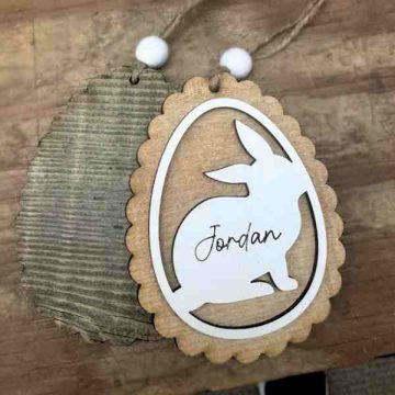Custom Scalloped Easter Egg Basket Tag made on reclaimed wood with Bunny Design-2