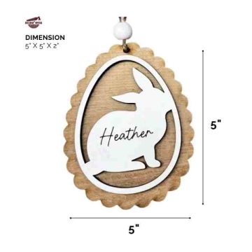 Custom Scalloped Easter Egg Basket Tag made on reclaimed wood with Bunny Design-size