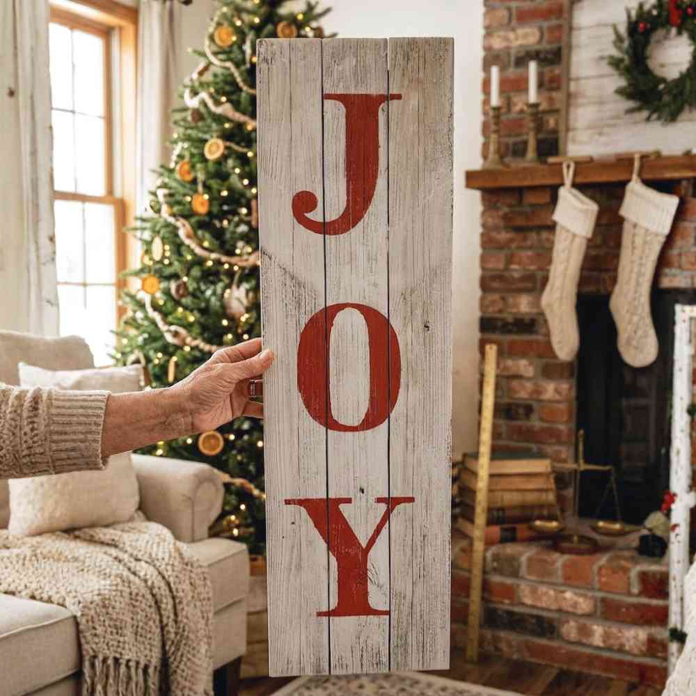 Holding a Joy Christmas Sign